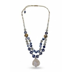 Artisan Tested Stone Necklace – Blue & White Beads with Agate Drop